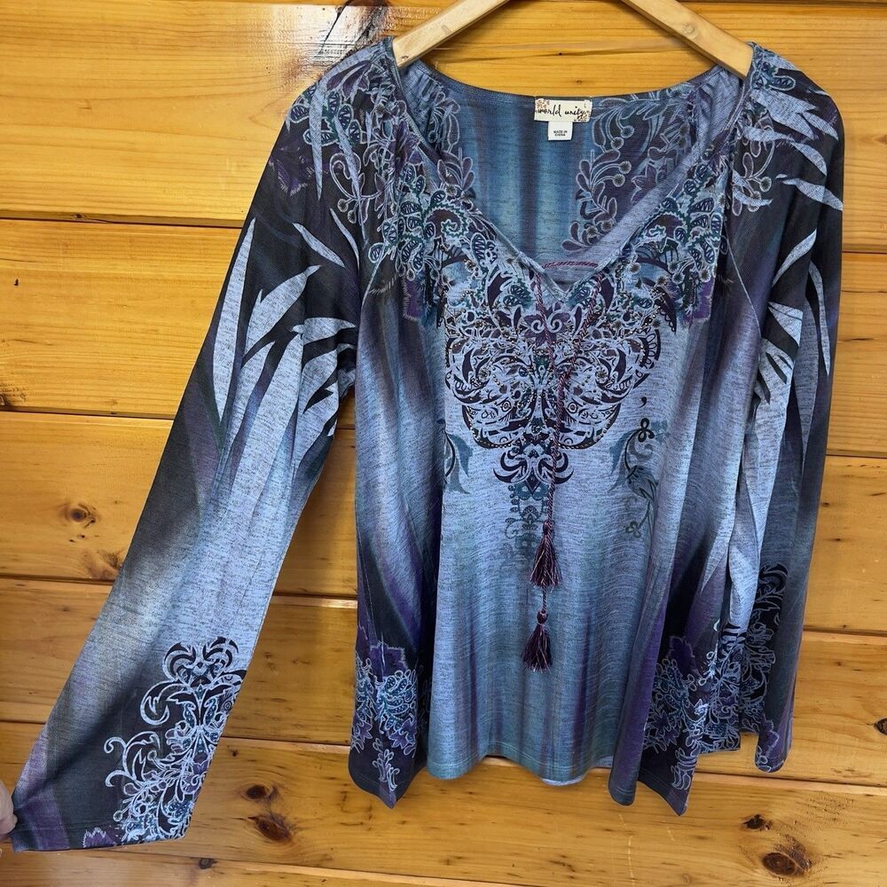 ONE WORLD Embellished  L Purple Tie Top Longsleeve Tassel Tunic Blouse BOHO